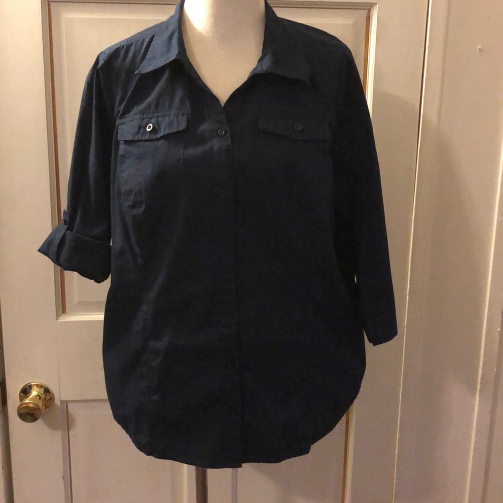 Women’s 1X CJ Banks Button Down Navy Top